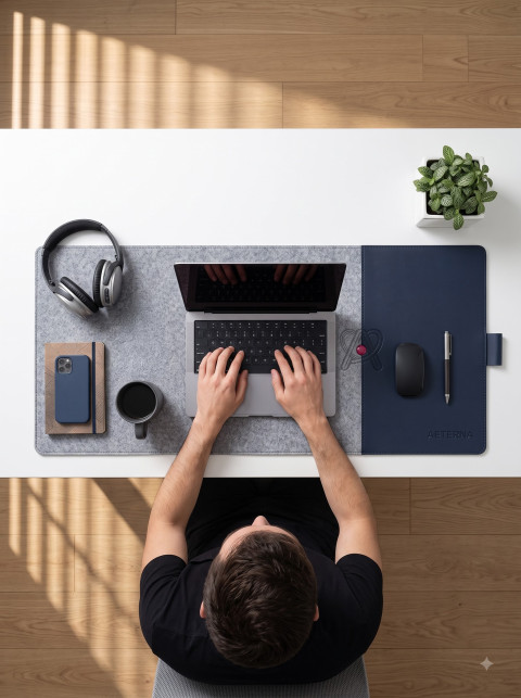 Overhead Ergonomic Workspace AI Product Photography Prompt