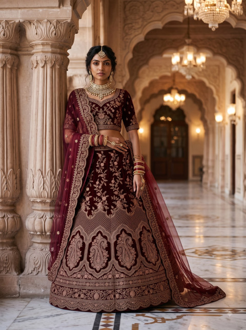 AI Maroon Velvet Bridal Lehenga Photography Prompts - Primary Shot