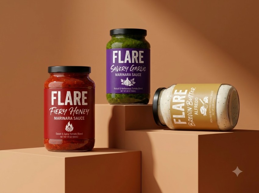 Pasta Sauce Trio Packshot on Stepped Pedestals