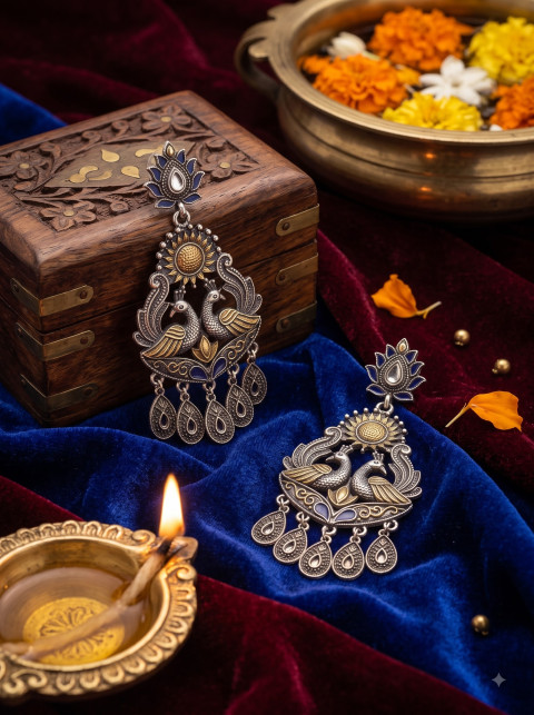 Peacock Jhumka Earrings Still Life AI Product Photography Prompt Festive Puja Setup