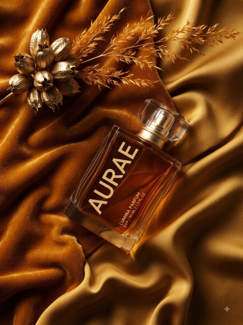 Perfume Bottle on Golden Silk Fabric