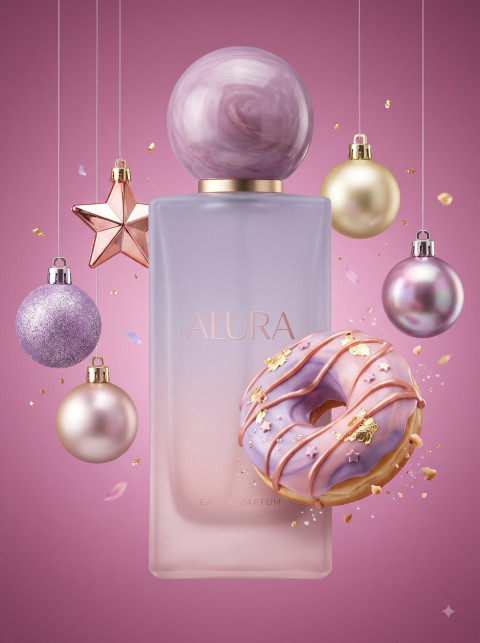 Perfume for Christmas AI Commercial Product Photography Prompt Playful Pastel Holiday Splendor