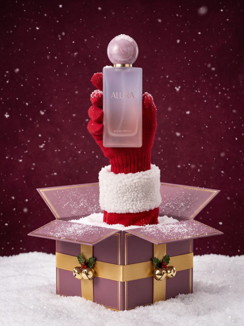 Perfume for Christmas AI Conceptual Product Photography Prompt Santa Hand Gift Box Reveal