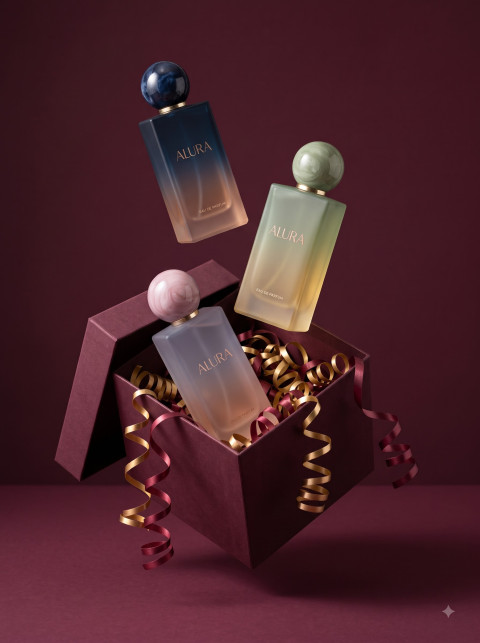 Perfume for Christmas AI Creative Product Photography Prompt Levitating Trio Unboxing Reveal