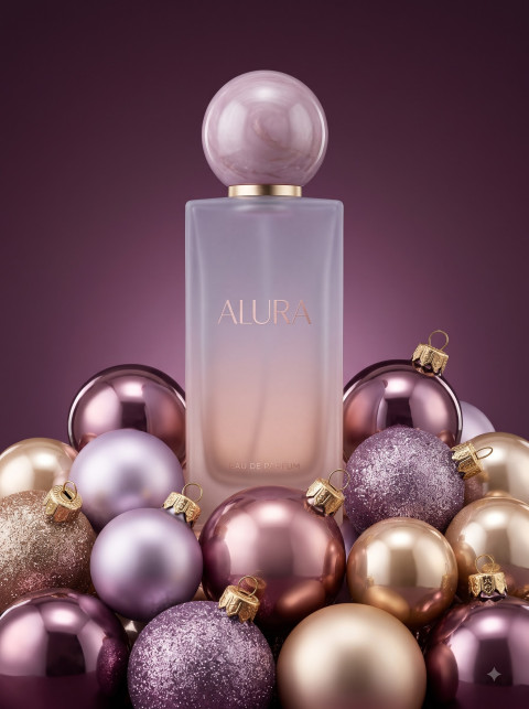 Perfume for Christmas AI Editorial Product Photography Prompt Lavish Bauble Bed Composition