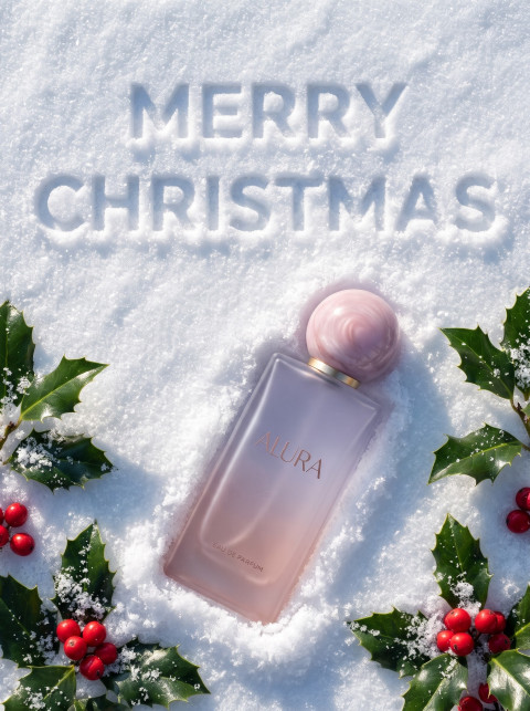 Perfume for Christmas AI Flat Lay Product Photography Prompt Snow Inscription and Holly