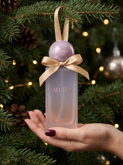 Perfume for Christmas AI Lifestyle Product Photography Prompt Handheld Bottle in Pine Tree