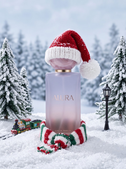 Perfume for Christmas AI Miniature Product Photography Prompt Winter Village Diorama