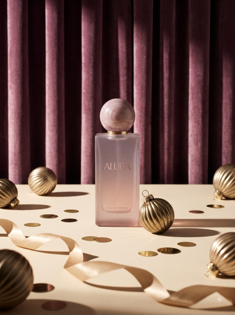 Perfume for Christmas AI Studio Product Photography Prompt Warm Velvet Backdrop Elegance