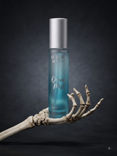 Perfume for Halloween AI Product Photography Prompt Skeleton Hand Pedestal Aesthetic