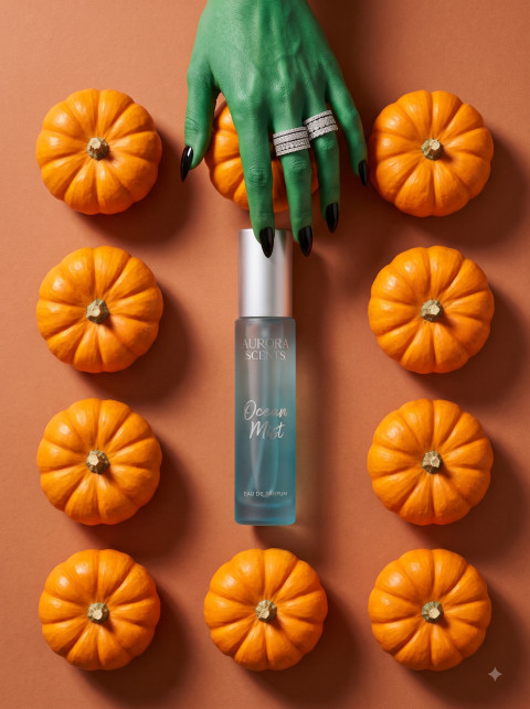 Perfume for Halloween AI Product Photography Prompt Witch Flat Lay Aesthetic