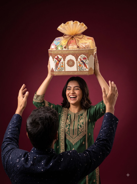 Playful Festive Gift Hamper AI Product Photography Prompt Happy Couple Studio