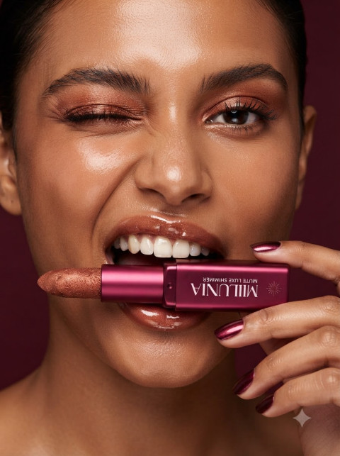 Playful Model Campaign Shot with Lipstick