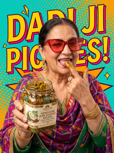 Pop Art Retro Food Commercial Photography Prompt Elderly Woman Tasting Mango Pickle