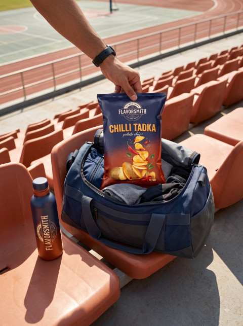 Potato Chips AI Commercial Product Photography Prompt Bleachers Gym Bag