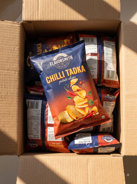 Potato Chips AI Commercial Product Photography Prompt Cardboard Delivery Box