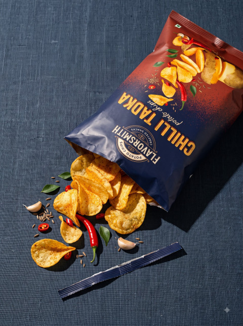 Potato Chips AI Flat Lay Product Photography Prompt Linen Tabletop Spill