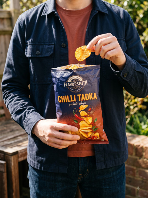 Potato Chips AI Lifestyle Product Photography Prompt Backyard Garden Snacking