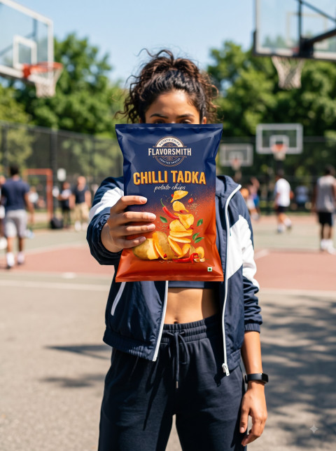 Potato Chips AI Lifestyle Product Photography Prompt Outdoor Basketball Court