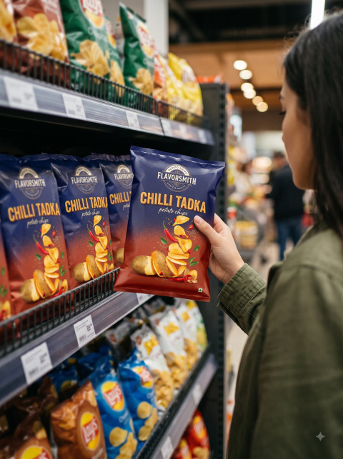 Potato Chips AI Retail Product Photography Prompt Supermarket Shelf Selection