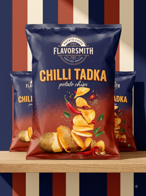 AI Spicy Potato Chips Packaging Photography Prompts Flavorsmith Chilli Tadka Studio Collection - Angle 3