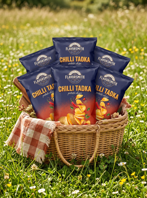 Potato Chips AI Tabletop Product Photography Prompt Wildflower Meadow Basket