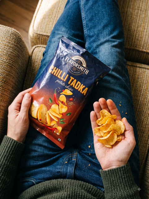 AI Spicy Potato Chips Packaging Photography Prompts Flavorsmith Chilli Tadka Studio Collection - Angle 2