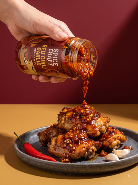 Pouring Chili Paste Over Glazed Chicken Photography