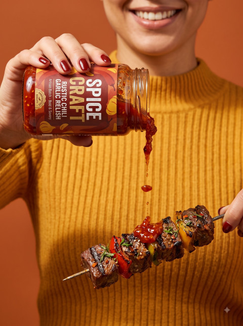 Pouring Chili Relish Over Grilled Skewers Photography