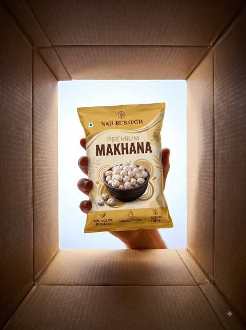 Natures Oath Premium Makhana Packaging and Studio Product Photography Prompts - Angle 2