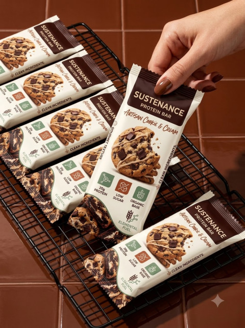 Protein Bar Flatlay Shot on Wire Grid with Hand
