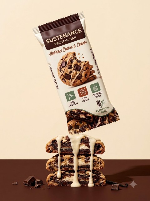 Protein Bar Floating Shot over Cookie Stack