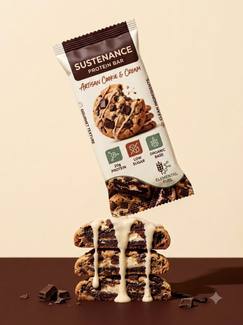 Protein Bar Floating Shot over Cookie Stack
