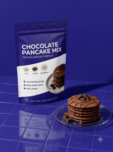 Protein Pancake Mix Pouch on Blue Tile Surface