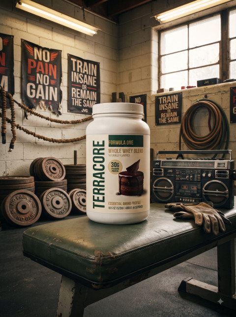 Protein Powder Container on Vintage Gym Bench
