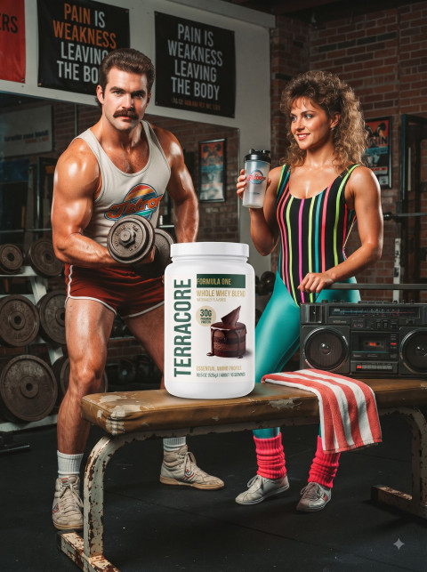 Protein Powder Jar with Retro Fitness Models in Gym