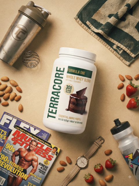 Protein Powder Tub Flat Lay with Fitness Props