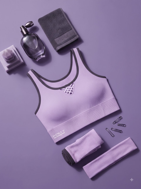 Purple Sports Bra Flat Lay with Accessories