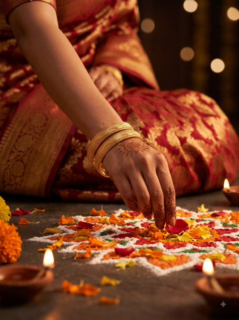 Rangoli Ritual Flower Petals Gold Bangles Cultural Product Photography Prompt