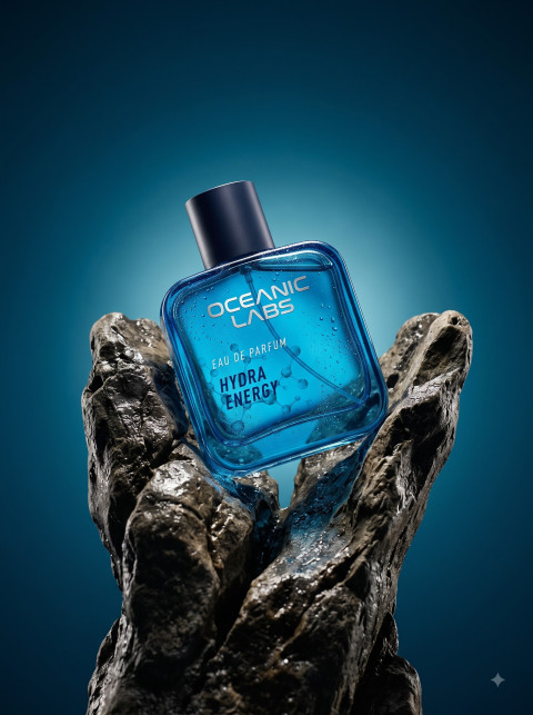 Raw Organic Pedestal Product Photography Prompt Blue Eau de Parfum in Craggy Rock Niche