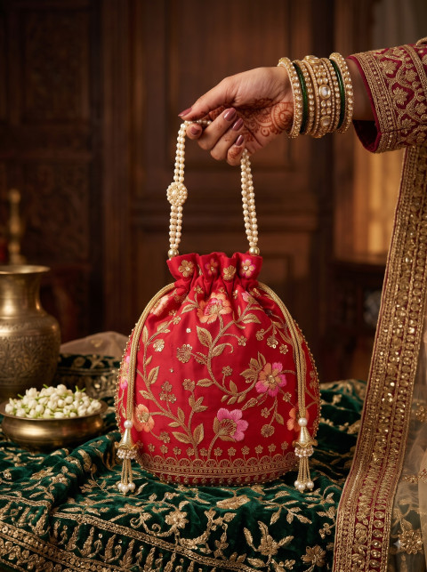 Red Silk Potli Bag on Green Velvet Setting AI Commercial Tabletop Product Photography Prompt