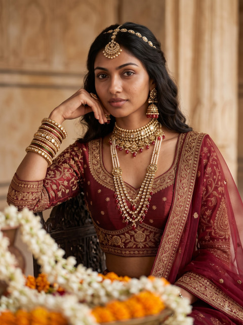 Bridal Embroidered Raw Silk Blouse & Lehenga AI Fashion Photography Prompts - Angle 3