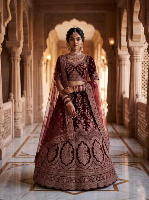 Regal Palace Corridor Indian Bridal Lehenga Full-Length Product Photography Prompt