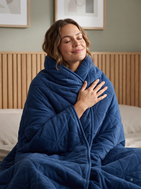 Velvet Blue Quilted Weighted Blanket Luxury Studio & Lifestyle Photoshoot Prompts - Angle 3