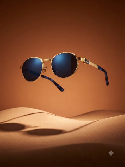 Round Sunglasses Floating Over Desert Dunes Hero Shot