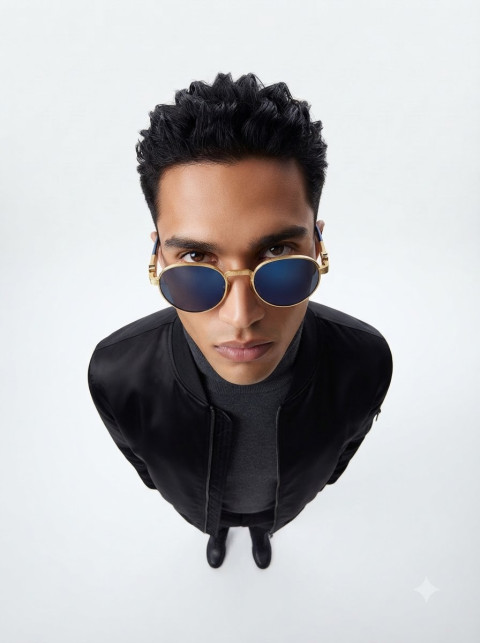 Round Sunglasses High Angle Portrait in Black Jacket