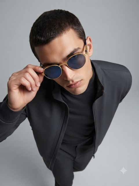 Round Sunglasses High Angle Portrait in Dark Tracksuit