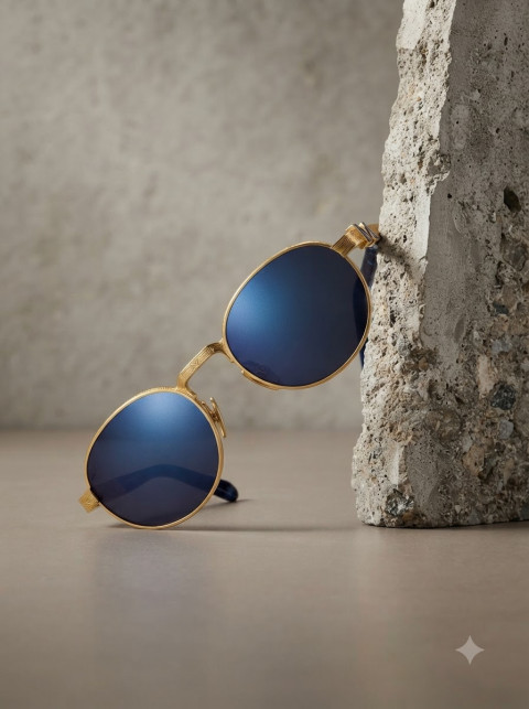 Round Sunglasses Leaning Against Concrete Pillar