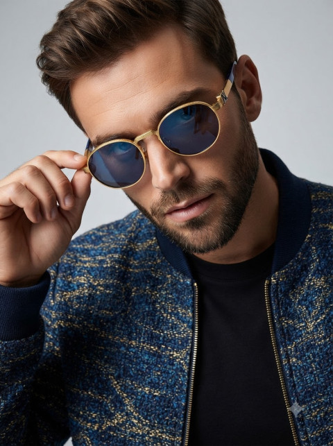 Round Sunglasses Model Wearing Urban Bomber Jacket