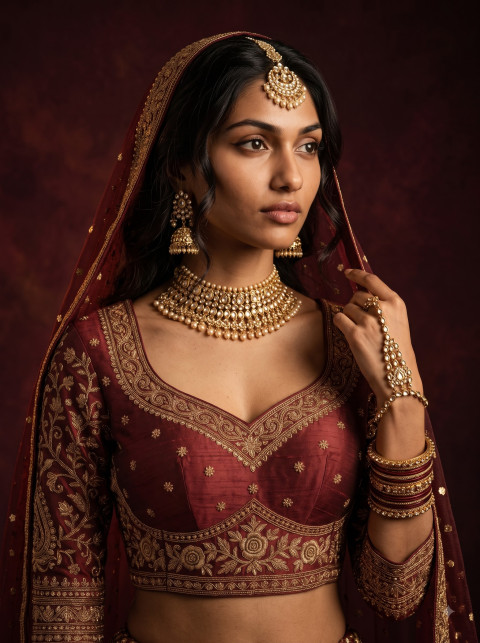 Royal Indian Bridal Blouse AI Studio Portrait Photography Prompt Kundan Jewellery Styling